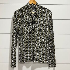 Tahari groovy graphic print long sleeve bow collar blouse size L